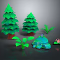 Cartoon Scene With Green Trees Small Ferns Colorful Stones And Pink Flowers