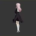 Anime Game Character With Pink White Hair Dark Dress White Socks Raised Finger Pose