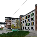 Modern Multi story School Building with Colorful Windows Courtyard Trees and Blue Sky White Clouds