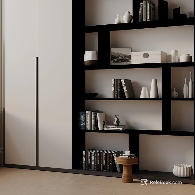 Modern Wooden Side Table In Living Room With Bookshelf And Decorative Items 3d model 