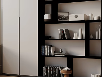 Modern Wooden Side Table In Living Room With Bookshelf And Decorative Items 3d model