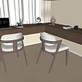Modern Wooden Desk With Two White Chairs Sunlight Curtains Laptop Decor Items And Desk Lamp