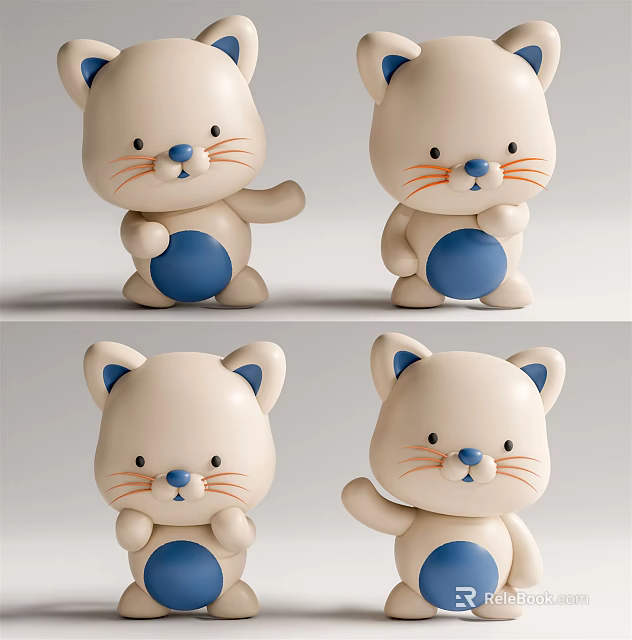 Cute White And Blue Cat Stuffed Doll With Adorable Different Poses Plush Toy 3d model 