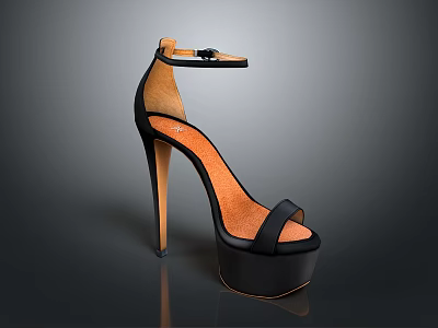 Stylish Black And Orange High Heels With Stiletto Heel Platform Sole Ankle Strap 3d model