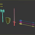 Medieval Weapons Including Axe Sword Shield And Arrows Arranged Together 3d model