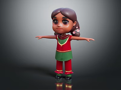 3D Rendered Little Girl With Braided Hair And Flowers In Red Green Outfit Arms Outstretched 3d model