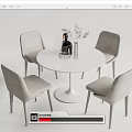 Round White Dining Table With Four Light Gray Chairs And Decorative Vase 3d model