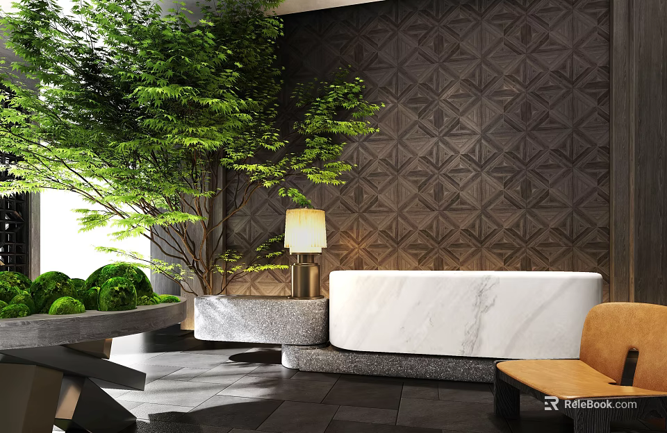 Hotel Lobby Featuring Large Tree Dark Geometric Wall White Marble Reception Green Plants Orange Chair 3d model 