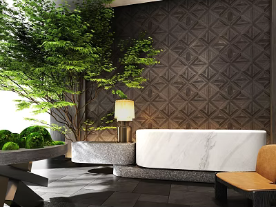 Hotel Lobby Featuring Large Tree Dark Geometric Wall White Marble Reception Green Plants Orange Chair 3d model