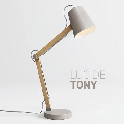 Modern Minimalist Desk Lamp with Wooden Adjustable Arm and Gray Lampshade 3d model