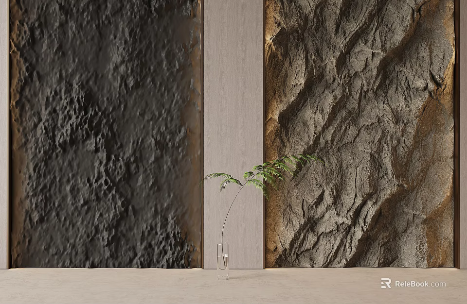 Elegant Textured Background Wall Featuring Dark And Light Patterned Panels With Green Fern In Vase 3d model 