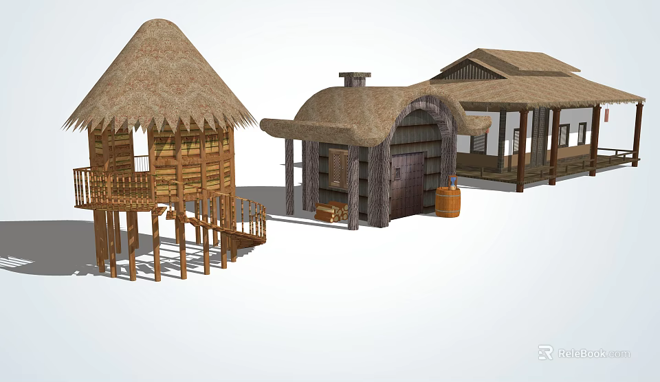Traditional Thatched Roof Wooden Houses With Balcony Cottage Barrel And Pavilion Structures 3d model 