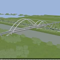 Modern Steel Arch Bridge Over River With Green Landscape And Vehicles