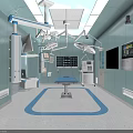 Modern Operating Room Interior With Blue Walls Surgical Table Lights And Medical Screens