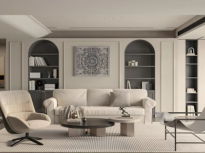 Modern Living Room With Beige Sofa Armchair Round Coffee Table Arched Wall Painting And Bookshelves 3d model