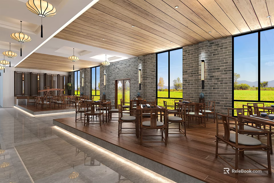 Traditional Tea House Interior With Wooden Ceiling Lantern Lights And Green View Through Windows 3d model 