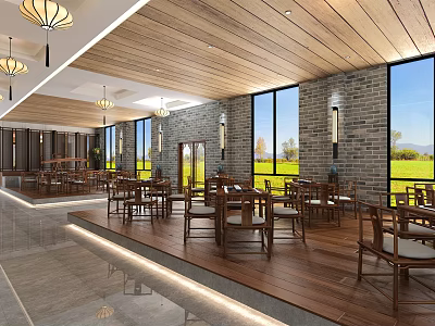 Traditional Tea House Interior With Wooden Ceiling Lantern Lights And Green View Through Windows 3d model