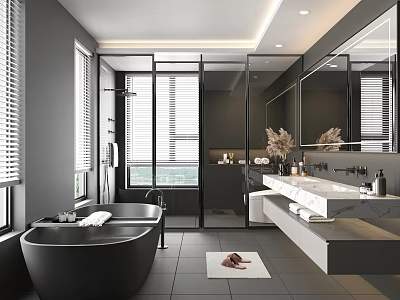 Modern Bathroom Interior Design With Black Bathtub Glass Shower And Marble Countertop Blinds 3d model