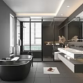Modern Bathroom Interior Design With Black Bathtub Glass Shower And Marble Countertop Blinds