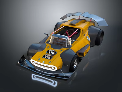 The Yellow Race Car With Open Cockpit Large Rear Wing Black Accents And RTI Logo 3d model