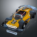 The Yellow Race Car With Open Cockpit Large Rear Wing Black Accents And RTI Logo