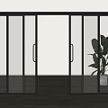 Modern Black Frame Glass Sliding Doors In Interior With Wooden Floor And Plant