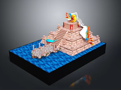 Picturesque Scenic Landscape With Stone Stepped Pyramid Blue Water And Colorful Flags 3d model