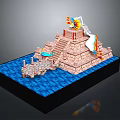Picturesque Scenic Landscape With Stone Stepped Pyramid Blue Water And Colorful Flags