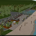 Garden Landscape Featuring Glass Pavilion Sand Beach Waterfall Trees and People Along Water Area