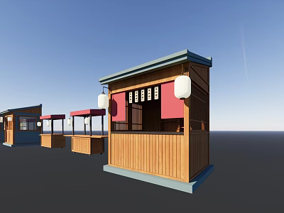 Traditional Wooden Kiosks With Blue Roof Red Awning Lanterns And Chinese Character Signs 3d model
