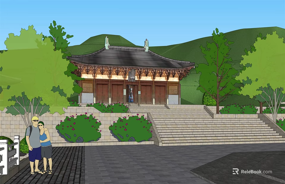 Ancient Chinese Traditional Architecture Featuring Classic Roof Stone Steps And Surrounding Trees Mountains 3d model 