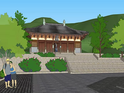 Ancient Chinese Traditional Architecture Featuring Classic Roof Stone Steps And Surrounding Trees Mountains 3d model