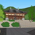 Ancient Chinese Traditional Architecture Featuring Classic Roof Stone Steps And Surrounding Trees Mountains