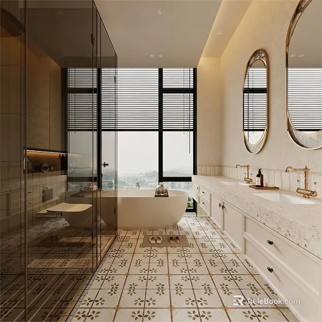 Modern Bathroom With Large Windows Blinds Round Mirrors Freestanding Bathtub Double Vanities And Patterned Tiles 3d model 