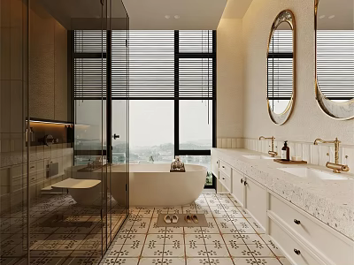Modern Bathroom With Large Windows Blinds Round Mirrors Freestanding Bathtub Double Vanities And Patterned Tiles 3d model