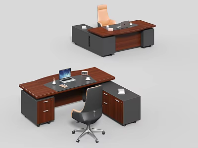 Modern Office Desk With Wooden Top Black Drawer Cabinets And Laptop Chair 3d model