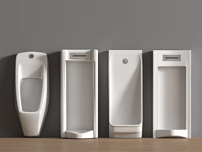 White Urinals With Different Designs Displayed In Row Against Grey Wall And Wooden Floor 3d model