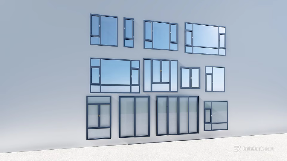 Assorted Window Styles With Different Sizes And Frames On White Wall 3d model 