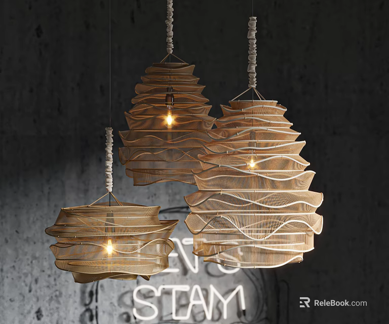 Layered Wooden Pendant Lights Design In Concrete Wall Background With Warm Illumination Glow 3d model 