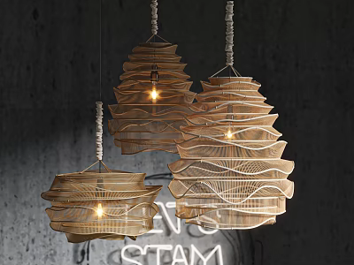 Layered Wooden Pendant Lights Design In Concrete Wall Background With Warm Illumination Glow 3d model