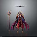 Woman In Elegant Red And Purple Robe Holding Red Decorative Staff With Black Winged Object
