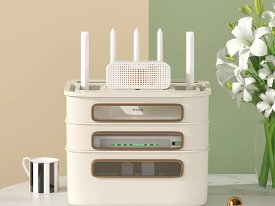 White Multi Layer Storage Shelf with Router White Flowers Mug and Gold Decor 3d model