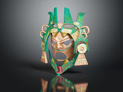 Traditional Ornate Green And Gold Decorative Mask With Intricate Carvings And Tassels 3d model