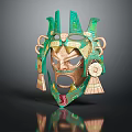 Traditional Ornate Green And Gold Decorative Mask With Intricate Carvings And Tassels