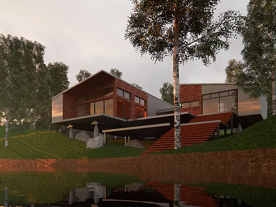 Modern Detached Villa On Hillside With Large Windows Green Surroundings And Water View 3d model