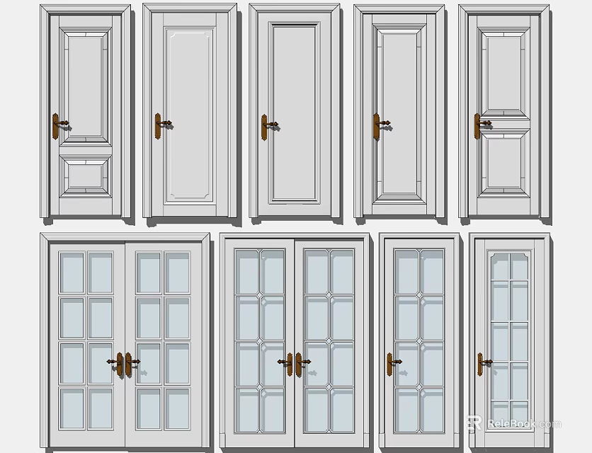 Hinged Doors With Various Designs Including Glass Panels And Solid Wood Styles 3d model