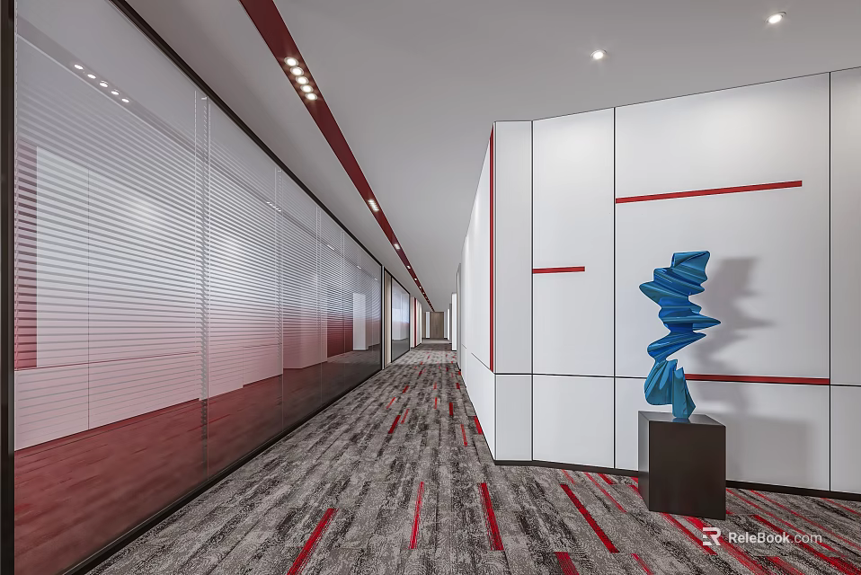 Modern Office Corridor Interior With Glass Walls Red Line Carpet And Blue Sculpture 3d model 