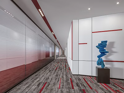 Modern Office Corridor Interior With Glass Walls Red Line Carpet And Blue Sculpture 3d model