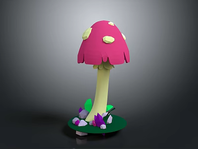 Pink Mushroom Plant With Umbrella Cap Yellow Spots And Stem Green Base Purple Pink Decorations 3d model