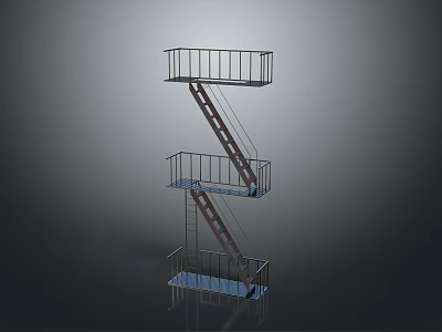 Industrial Z Shaped Staircase With Multiple Platforms And Metal Railings 3d model